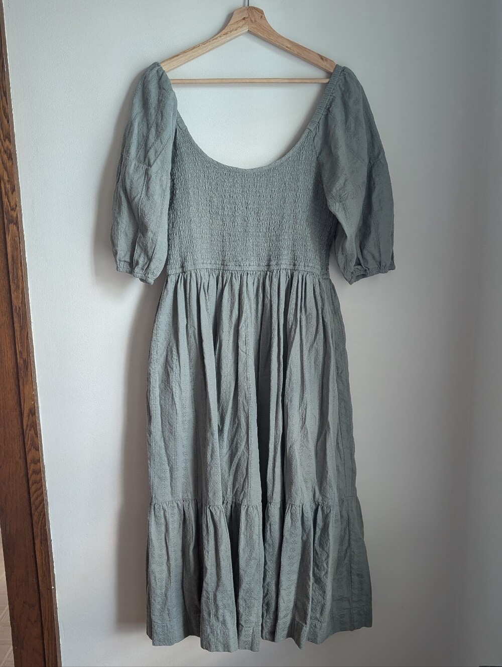 Laude The Label Sage Green Smocked Midi Dress with Puff Sleeves
